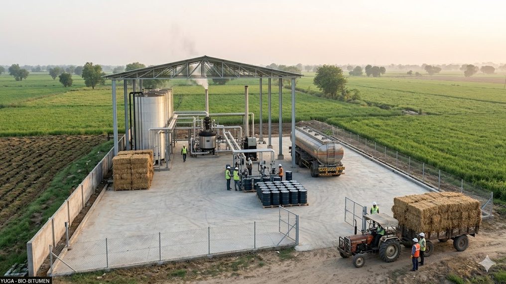YUGA rural bio-bitumen unit amid green farmland - straw bales and kettle reactor