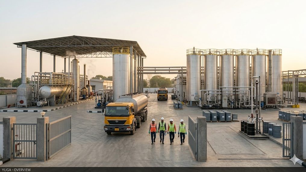 YUGA 60 TPD bitumen & pyrolysis plant - wide view with dispatch bay and road tanker