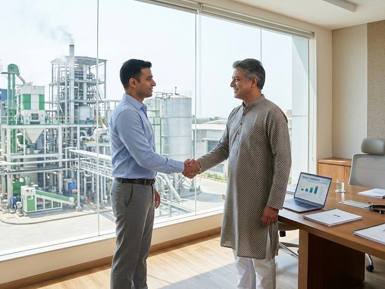 Promoter handshake overlooking the financed plant - capital advisory